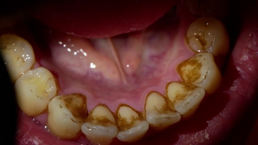 Detail of dental calculus (tartar) on teeth - hardened plaque deposits before cleaning top view Royalty-Free Stock Footage #1020218533