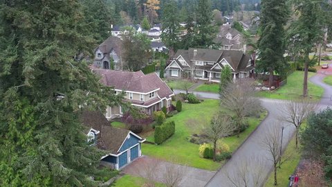 A perfect neighbourhood. Houses in suburb at Summer in the north America. Luxury houses with nice landscape. Aerial drone view.