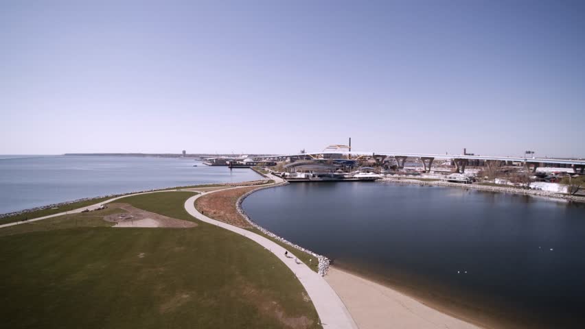 Elevating 1000ft Aerial View over Hank Aaron Park over looking the summerfest grounds.