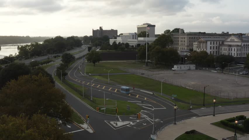 Aerial view of the New Jersey State House and the Delaware River located in Trenton.