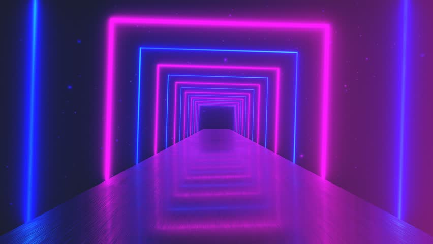 Flying through glowing rotating neon squares creating a tunnel, blue red pink violet spectrum, fluorescent ultraviolet light, modern colorful lighting, 4k loop animation | Shutterstock HD Video #1020228007