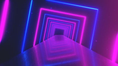 Flying through glowing rotating neon squares creating a tunnel, blue red pink violet spectrum, fluorescent ultraviolet light, modern colorful lighting, 4k loop animation