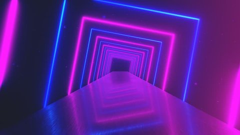 Flying through glowing rotating neon squares creating a tunnel, blue red pink violet spectrum, fluorescent ultraviolet light, modern colorful lighting, 4k loop animation स्टॉक व्हिडिओ