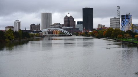 Traffic Crosses the River Arch Bridge in Downtown Rochester New York