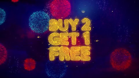 Buy 2 Get 1 Free Greeting Text with Particles and Sparks Colored Bokeh Fireworks Display 4K. for Greeting card, Celebration, Party Invitation, calendar, Gift, Events, Message, Holiday, Wishes .