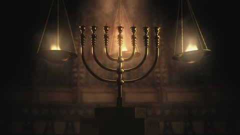Hanukkah Menorah. Synagogue. 3D Animation. Push in to a Hanukkah Menorah in a synagogue with holy lighting atmosphere.