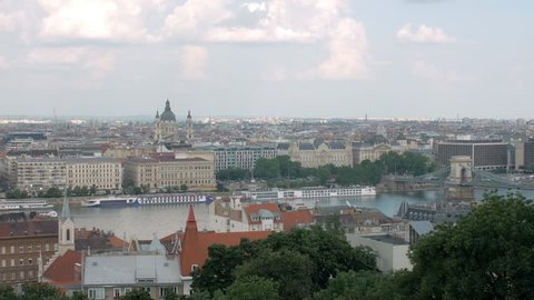 moving panoramic shot of Budapest city in summer day, from Buda side