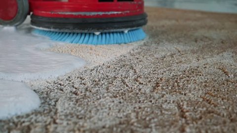 Professional carpet cleaning. Man cleans dirty carpet. Cleans the foam after cleaning. Carpet Cleaning With Electric Scrubber