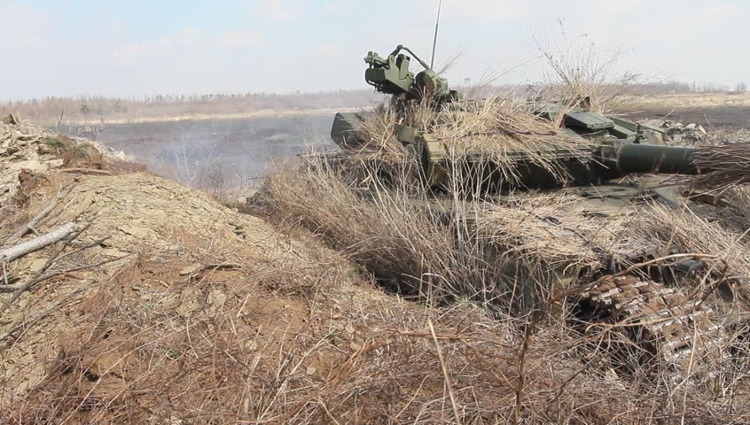 Tank in the field get ready for battle.Real footage of the war in the Donbass.