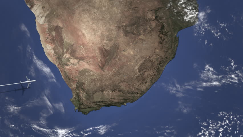 Airliner flying to Durban, South Africa from west. 3D animation
