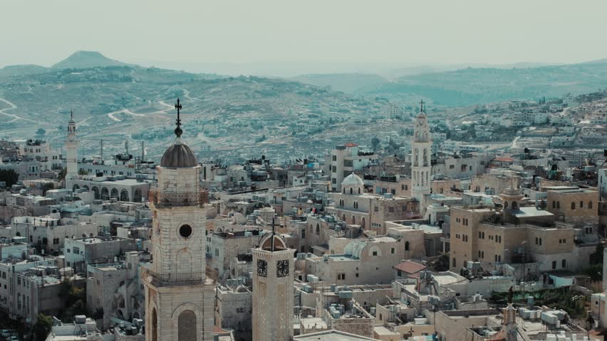 Bethlehem, Palestine, West Bank, Israel. Close view, for Bethlehem city, Church of the Nativity, Basilica of the Nativity, sunny morning. 4K footage