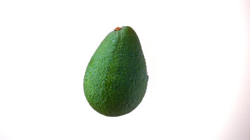 Illustration of green avocado slowly spinning clockwise on white background.