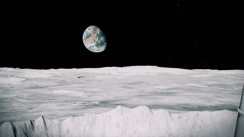 Astronaut on the moon in the crater near the lander salutes. 3D background animation
