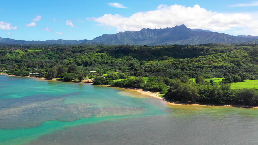 view anini beach mountains palms kauai Stock Footage Video (100% ...