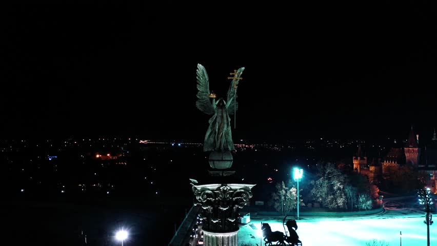 Budapest, Hungary aerial by night stock video (Heroes