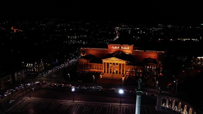 Budapest, Hungary aerial by night stock video (Heroes
