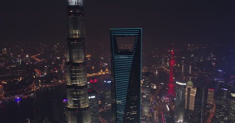 Shanghai China Circa-2017, slow zoom aerial view of high-rise office buildings in Shanghai Downtown.