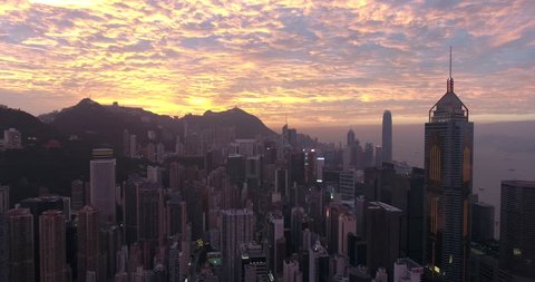 Hong Kong Circa-2017, daytime aerial view of the cityscape with dramatic sky