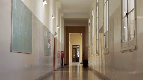 Empty School Corridor during Coronavirus Crisis. Zoom Out.