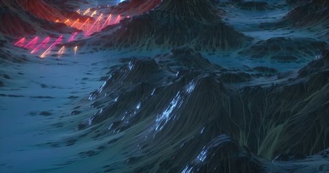 An animation of a sci-fi alien land full of color, mountains, and planets.