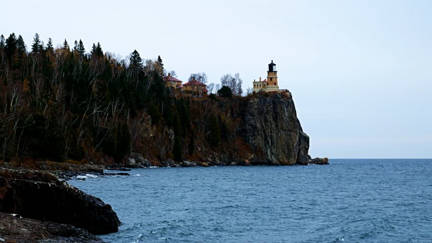Waves break on shoreline at Split Rock Lighthouse on the north shore of Lake Superior near Duluth and Two Harbors, Minnesota