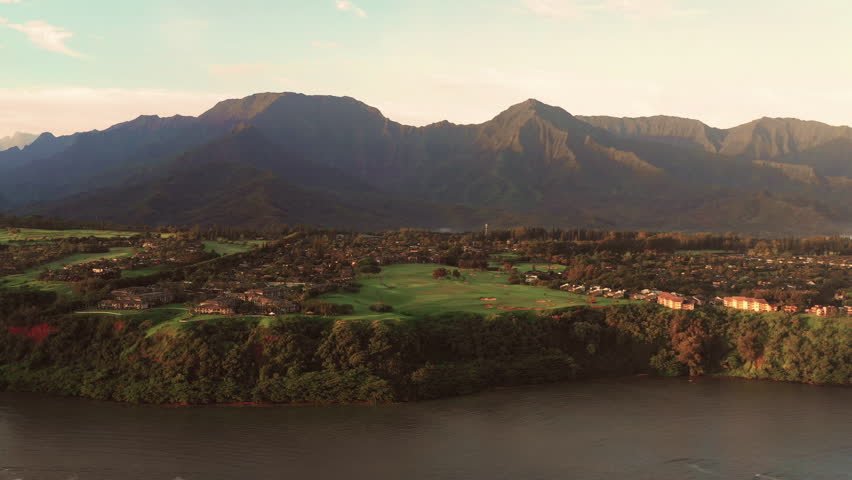 Kauai Bluffs Cinematic Aerial Panoramic Film Look Mountains Coastline Red Sunlight