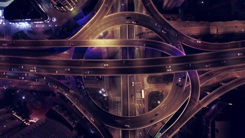 Shanghai China Circa-2017, daytime overhead aerial view of highway at night