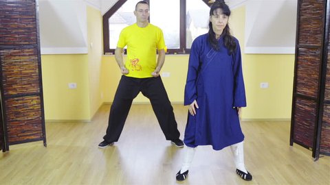 Teacher and learner together practice forms of shaolin martial arts indoors HD . Static wide shot of indoor gym and two person in focus training forms with hands and legs. Woman in blue kimono. 