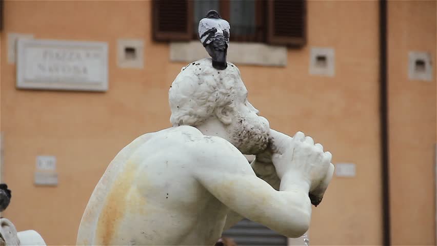 Pigeon on Triton at Fontana del Moro, Piazza Navona, Rome, Italy. 