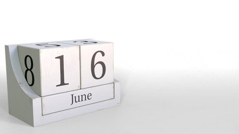 June 16 date on vintage cube calendar, 3D animation
