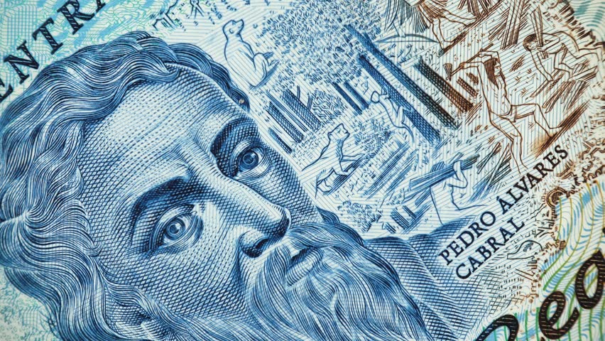 Pedro Alvares Cabral on Brazil 10 real (2010) banknote rotating, Brazilian money close up. 4K UHD video footage.