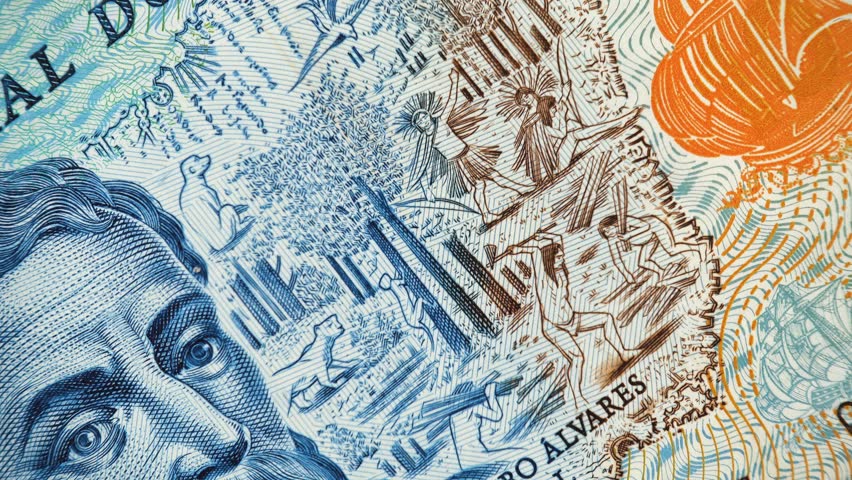 Pedro Alvares Cabral on Brazil 10 real (2010) banknote rotating, Brazilian money close up. 4K UHD video footage.