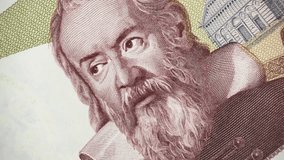 Galileo Galilei portrait on Italy banknote rotating. Genius Italian scientist, mathematician, astronomer, philosopher and inventor, father of modern physics. 4K UHD video footage