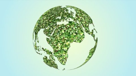 Spinning globe. Sphere green leafs in a form of world map is rotating on green yellow gradient background. Concept for environment saving, earth day, nature care