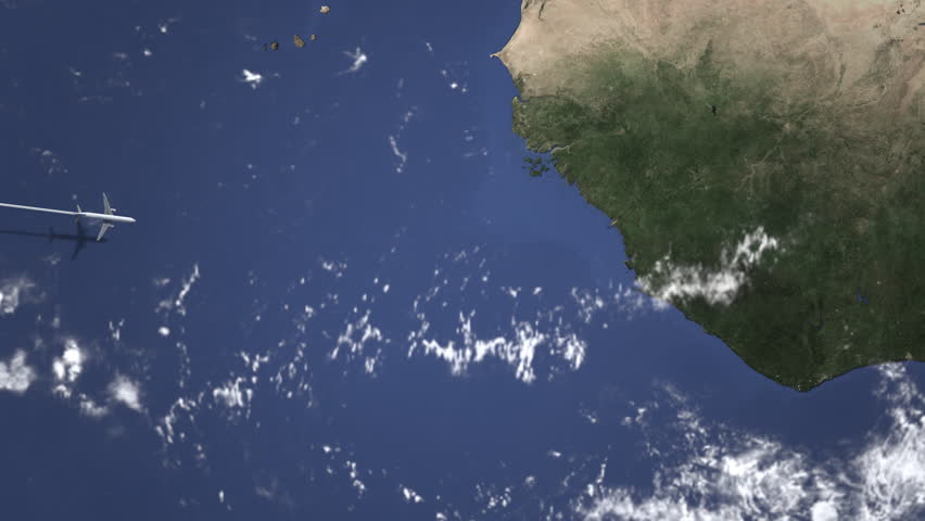 Airliner flying to Freetown, Sierra Leone from west. 3D animation