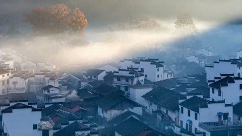 time lapse of the most beautiful countryside in China, morning mist and smoke wreathed the shicheng village in wuyuan county, jiangxi province.
