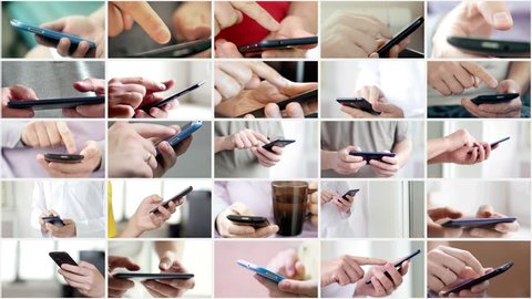 Collage of hand using modern touchscreen smart phone close-up