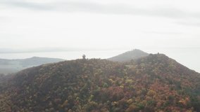 Autumn look out tower trip travelling point in Hungary aerial stock video 
