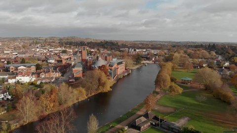 Drone Aerial View Stratford-Upon-Avon, River Avon Shakespeare, The Swan Theatre