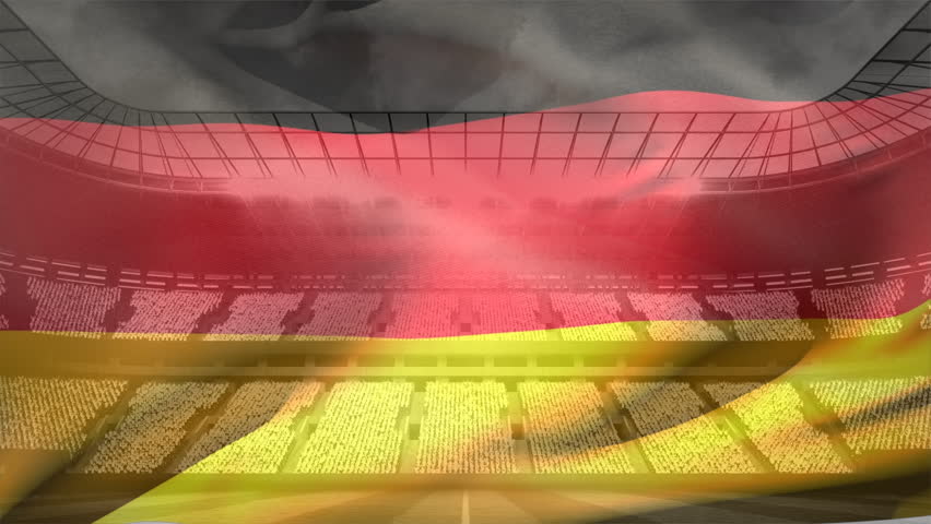 Digital composite of German flag waving in front of arena filled with sports fans on sunny day.