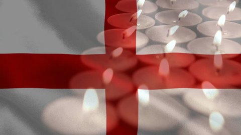 Digital composite of English flag with candles being blown out by a breeze in the background. 