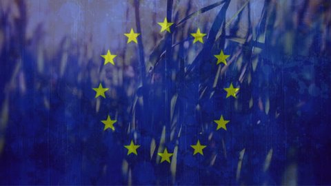 Digital composite of European flag, peaceful scene of a cornfield rustling in the wind on beautiful day with blue sky. Panning shot