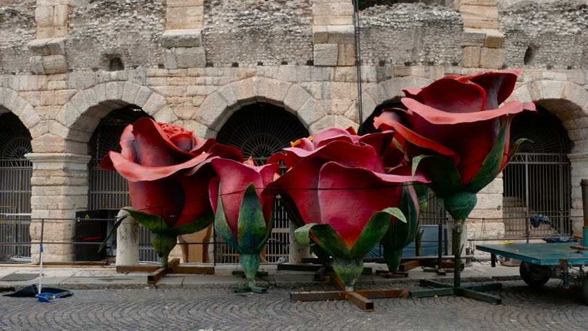 pieces of set design of the Aida opera are transported to the Arena for a show