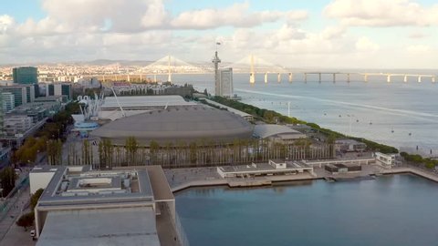 Lisbon, Portugal - November 2018: Aerial view on MEO Arena, Sao Gabriel and Sao Rafael Towers in the Park of Nations at the city promenade