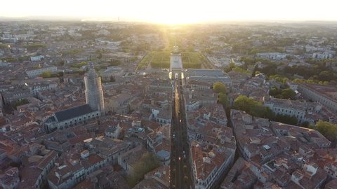 Drone shot towards park Peyrou in Montpellier sunset time 