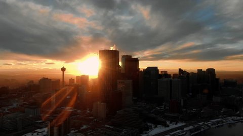 Aerial Drone Shot of Calgary Alberta Downtown Skyline at Sunset Wide Shot, Calgary Tower, Alberta Canada

