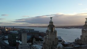 Amazing 4K Drone footage of the iconic Liverpool Skyline in the warm evening light. 