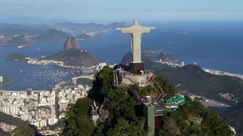 Rio de Janeiro, Brazil, aerial view of Christ the Redeemer statue and Sugarloaf Mountain.
