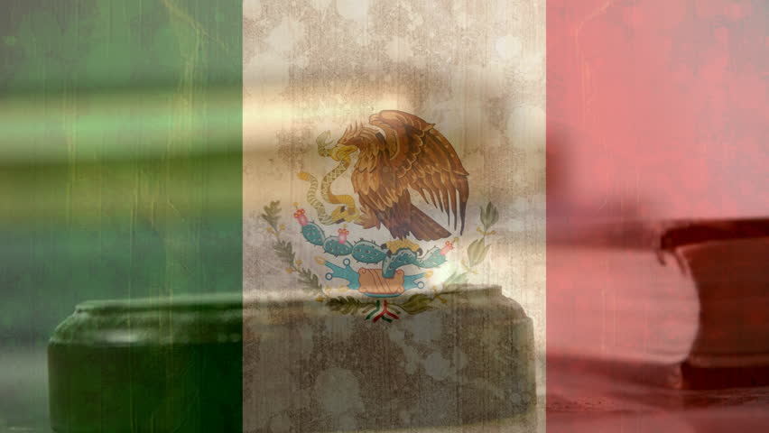 Digitally animation of Mexican Flag and gavel. Judges gavel banging against the flag 4k