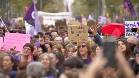 Barcelona, Spain. November 25th 2018: Crowd of women. Feminist Activists in a Demonstration. March for the International Day of Nonviolence against Women and Children in Barcelona, Spain 